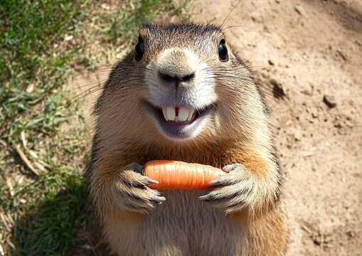 a cute himalayan marmot smile while holding a caroot