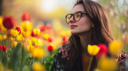 Naklejka premium A woman enjoys a sunny day among vibrant tulips in a blooming garden during springtime