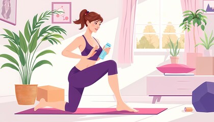 Woman Actively Engaging in Fitness at Home, Utilizing a Yoga Mat and Water Bottle for Workout Sessions