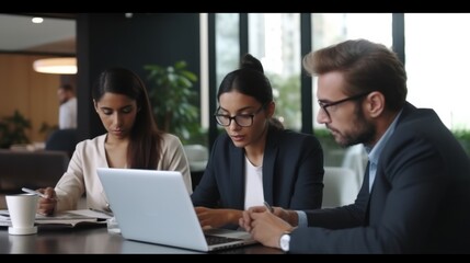 Obraz premium A diverse group discussing in an office, surrounded by laptops and paperwork, emphasizing teamwork and collaboration.