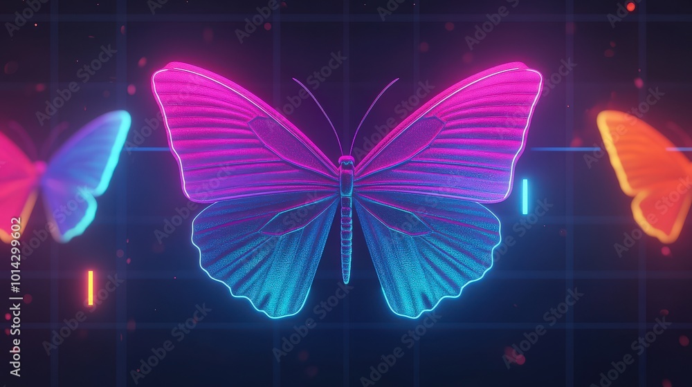 Poster neon butterfly abstract 3d design glowing wings on grid background