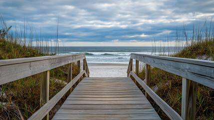 A wooden boardwalk leads to a tranquil beach with gentle waves and cloudy skies at dusk