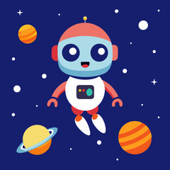 Naklejka premium A cute little robot flying in space