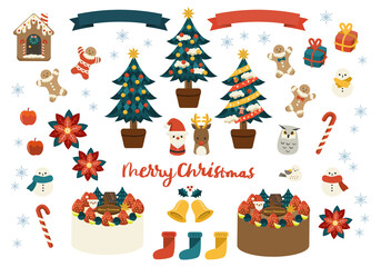 クリスマスツリーとケーキのラスターイラストセット