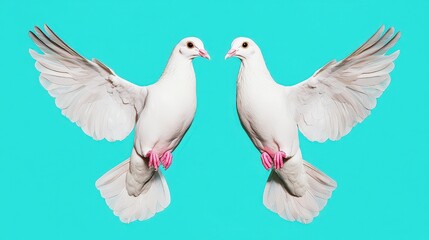 Fototapeta premium Two White Doves Flying in Opposite Directions on a Blue Background