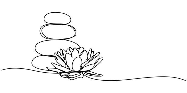 recommend clip art: One continuous line drawing of wellness and spa treatment. stones and lotus flower with butterfly for zen and balance concept in simple linear style. Editable stroke. Doodle Vector illustration
