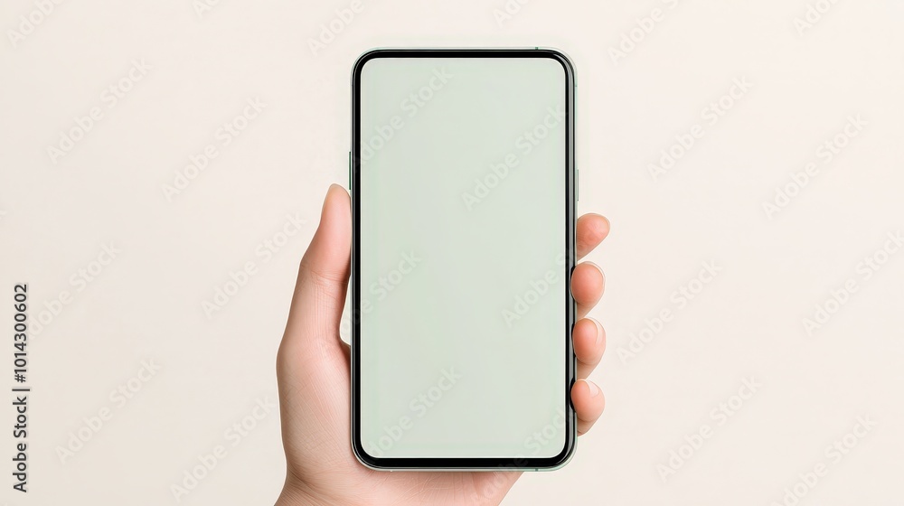 Poster hand holding smartphone with blank screen mockup for app design and website ui