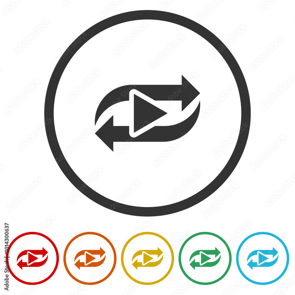 Poster repeat icon. play icon. set icons in color circle buttons