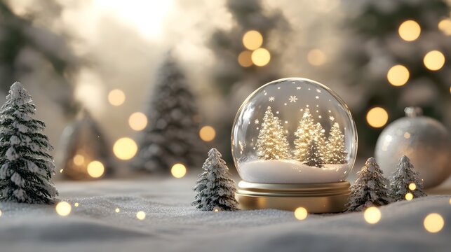 Minimalist 3D render of a holiday scene with a snow globe white gold decor soft lights