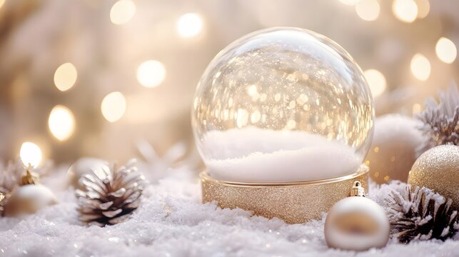 Festive white gold decorations surrounding an empty snow globe glowing softly