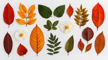 Obraz premium Autumn Leaf and Flower Arrangement on White Background Nature Design