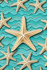 Starfish on turquoise waves in a textured design.
