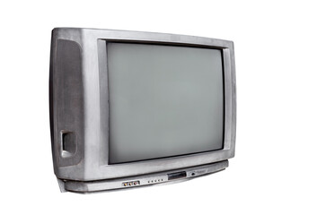 Analog old television with blank screen isolated on white background with clipping path, side view