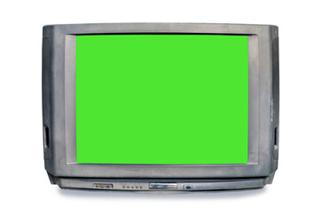 Analog old television with green screen isolated on white background. Retro TV style with clipping...