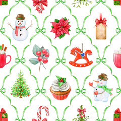 Christmas time festive decor seamless pattern. Hand drawn fir tree, mistletoe, snowman, winter sweets and treats. Winter season vintage style bright decor seamless pattern design on white background