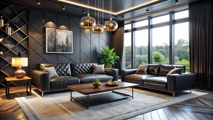 Fototapeta premium Aerial View of a Chic Black Modern Living Room Interior with Sleek Furniture and Stylish Decor