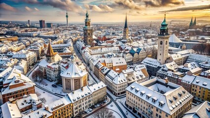 Fototapeta premium Aerial View of Munich in Winter - Snowy Cityscape in Black and White