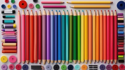 A vibrant array of colored pencils and art supplies arranged neatly, showcasing a spectrum of hues in an organized, visually appealing layout. - Powered by Adobe