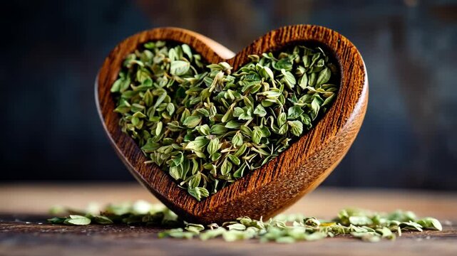 Dried oregano in a heart-shaped wooden bowl on a table