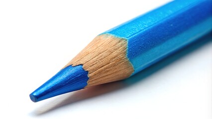 Blue Colored Pencil Isolated on White Background - High Depth of Field Close-Up Photography