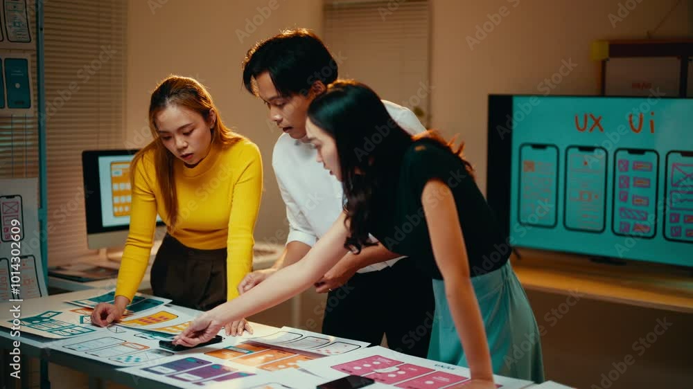 Poster Team of ui/ux designers collaborates in an office, developing a new mobile application using wireframes and a carefully selected color palette for an innovative user experience