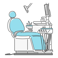 寒色、水色の一般的な歯医者さんの診察台・チェア、歯科診療ユニット、機材フルセット