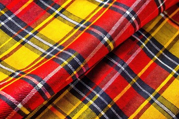 Colorful Tartan Pattern Fabric Design - Yellow, Black, and Red Plaid on White Background for Textile Projects