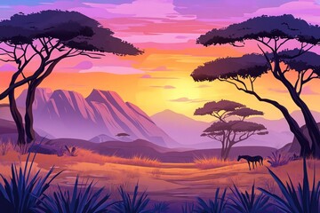 Stunning African savannah sunset casting a warm, vibrant glow over the tranquil landscape, featuring silhouettes of acacia trees, distant wildlife, and mountains.