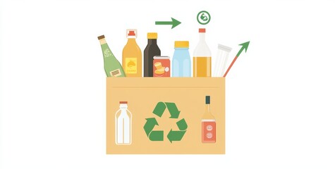  various eco-friendly items such as food, plastic bottles, glass jars, straws, a water bottle cap, and tins, all emerging from a paper bag,  symbolizing recycling and sustainability.