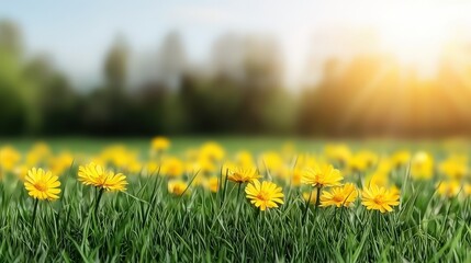 Vibrant Yellow Flowers in Lush Green Grass Field with Sunny Sky Background