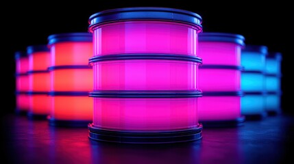 Neon Glowing Cylinders in a Dark Room   Futuristic Technology Concept