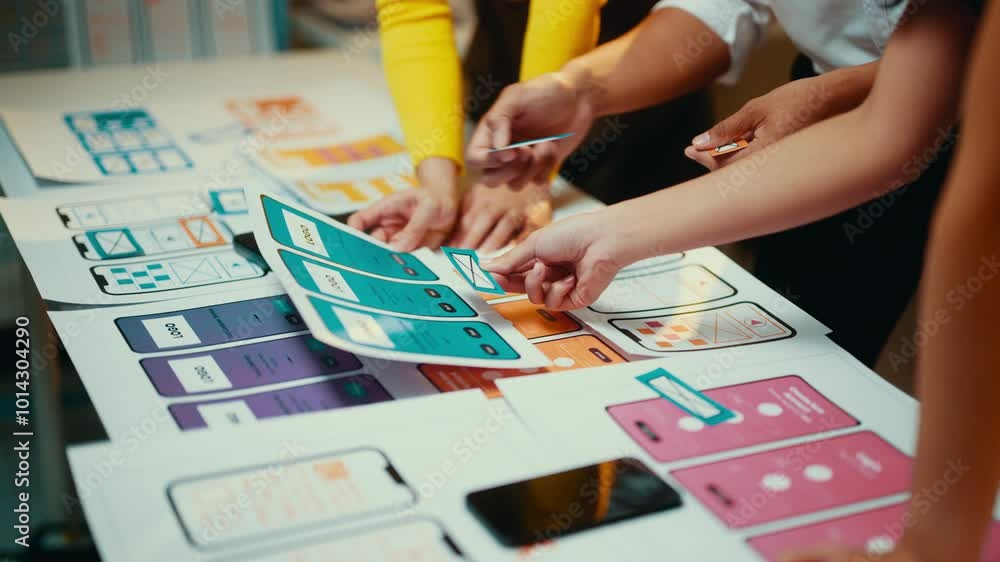 Aufkleber Hands of ui/ux designers arranging various components of a mobile application design prototype on a table, showcasing collaboration and creativity in the development process