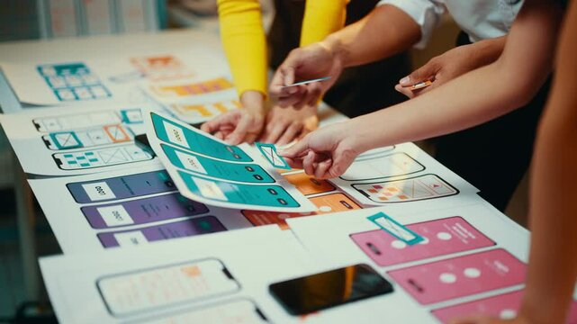Hands of ui/ux designers arranging various components of a mobile application design prototype on a table, showcasing collaboration and creativity in the development process