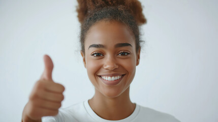 Young woman with curly hair smiling and giving a thumbs-up gesture against a neutral background indoors.