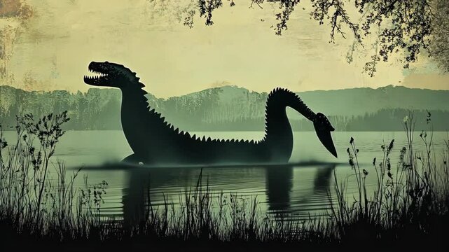 A silhouette of a mythical creature, possibly a loch ness monster, swims in a lake, its head poking above the water