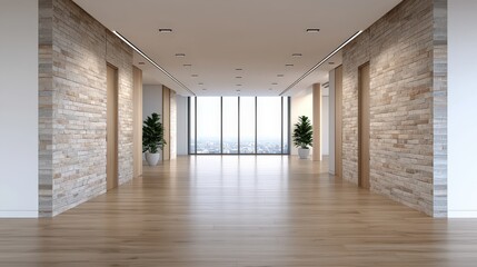 Obraz premium Modern Office Corridor with Brick Wall Wooden Floor and City View
