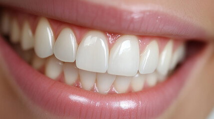 Close-Up of Perfect White Teeth and Glossy Lips, Dental Health Concept