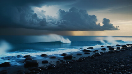 Obraz premium Stormy Coastline with a Golden Horizon