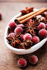 Christmas decoration on rustic wooden background. Close up.