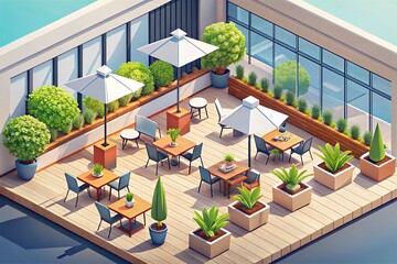 Fototapeta premium Isometric Minimalist Restaurant Cafe with Outdoor Tables in a Modern Urban Setting