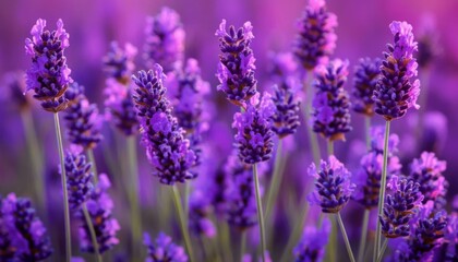 Obraz premium Close-up of lavender flowers in a field, showcasing their purple blooms and delicate stems.