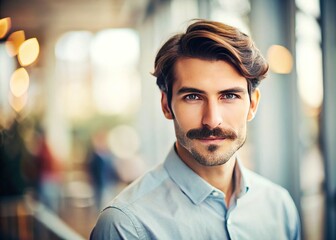 Obraz premium Minimalistic Website Hero Image with Man and Styled Mustache for Text or Product Promotion