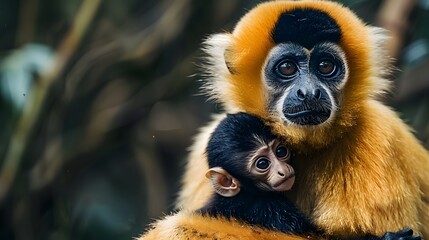 Fototapeta premium Yellow-Cheeked Gibbon Monkey Posing Against a Blurred Natural Background for Wildlife and Conservation Themes