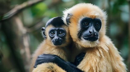 Fototapeta premium Yellow-Cheeked Gibbon Monkey Posing Against a Blurred Natural Background for Wildlife and Conservation Themes