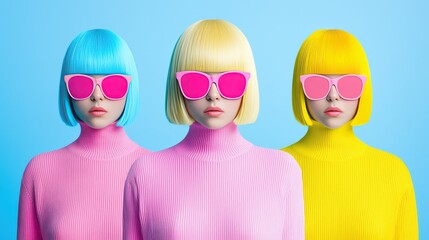 Fototapeta premium Three Women in Colorful Fashion with Pink Sunglasses on a Blue Background