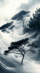 Obraz premium misty pine trees in foggy landscape, serene nature scene