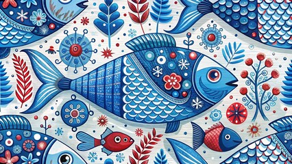 Naklejka premium Scandinavian Blue Fish Folk Art Pattern for Nautical Decor Background