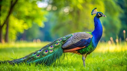 Obraz premium A Peacock Strolling Through Verdant Meadows, Its Vibrant Plumage Contrasting With the Lush Green Grass and Hazy Sunlight Filtering Through the Trees