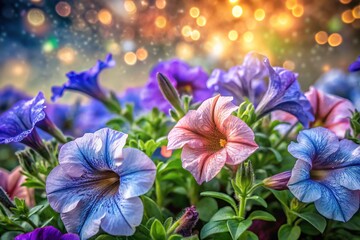 Stunning landscape photography captures a soft light petunia garden, perfect for vibrant floral decor that brings nature's beauty into any space. Experience colorful tranquility.