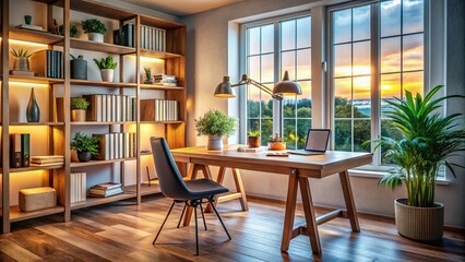 Stylish Home Office with Wooden Table and Decorative Elements for Productive Workspaces